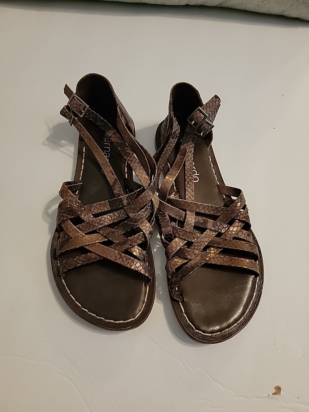 Bernardo Brown Metallic Snake-Print Strappy Sandals